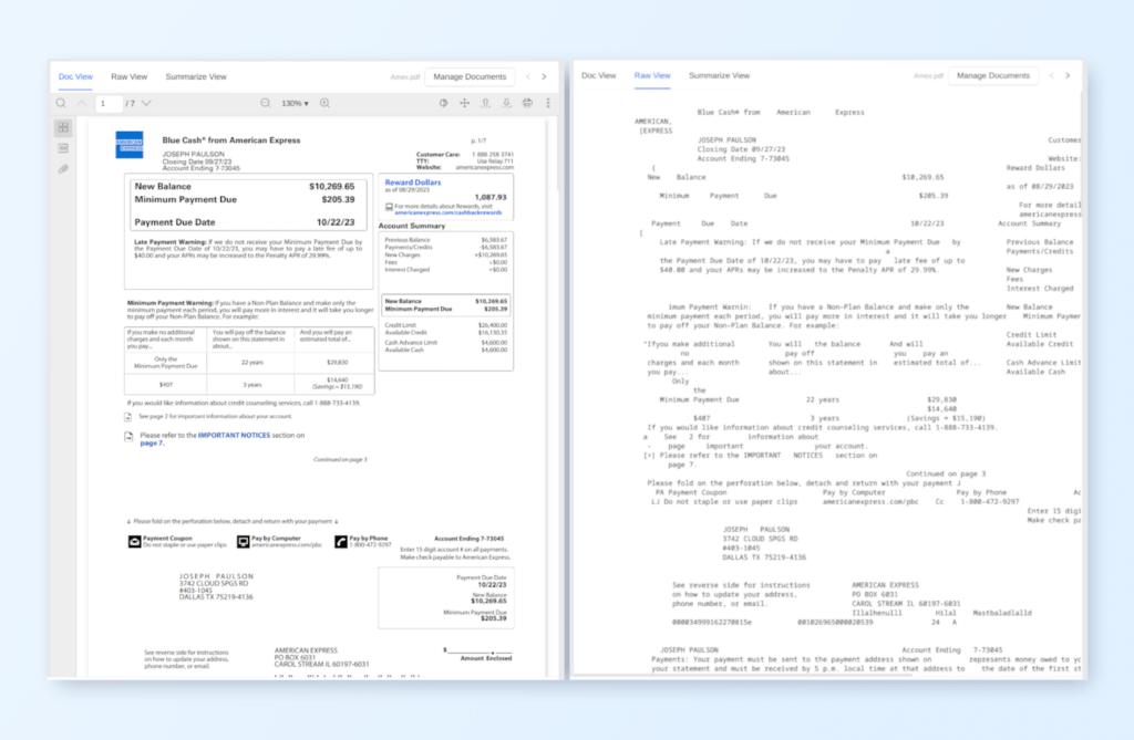 extracting structured data from documents in raw text view