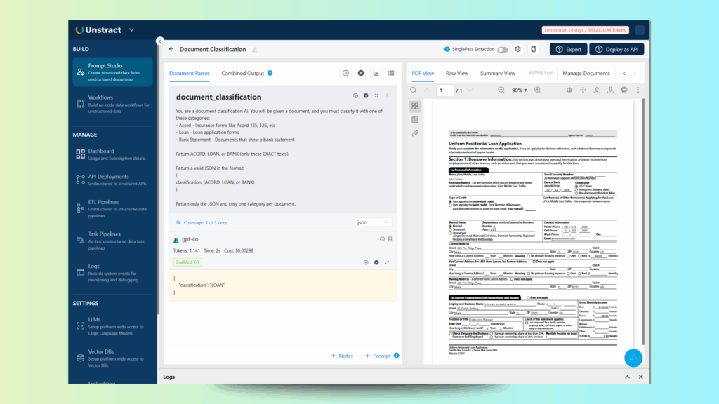 Document classification with unstract